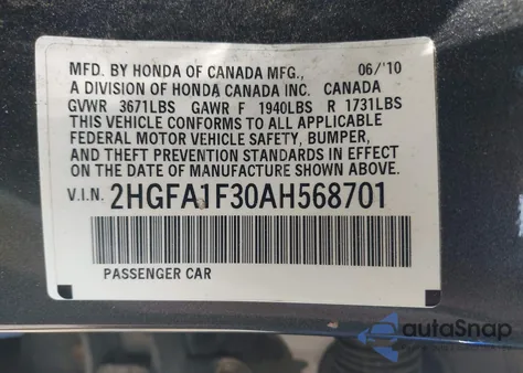 2010 Honda Civic Vp z USA, uszkodzony, nr VIN 2HGFA1F30AH568701